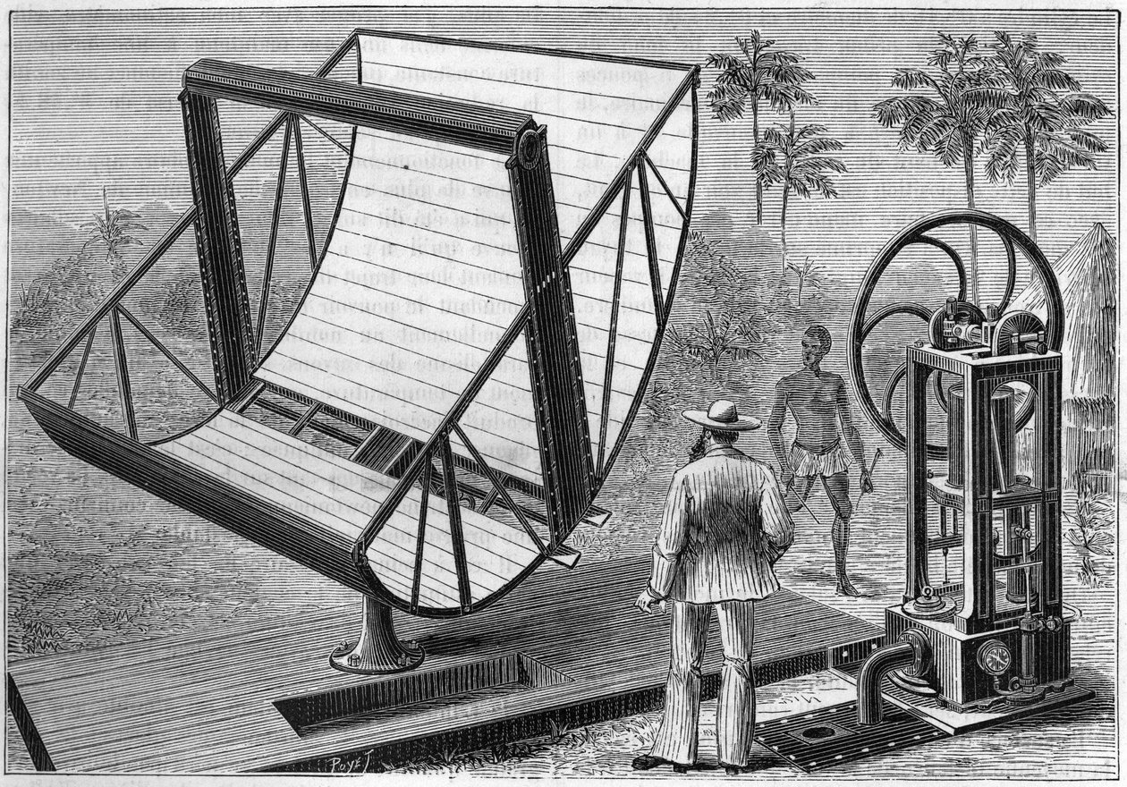 Solmaskinen eksperimenterede i 1883 af John Ericsson (1803 -1889), en amerikansk ingeniør af svensk oprindelse, en af faderen til brugen af solenergi. i naturen. Gennemgang af videnskaber og deres anvendelser til kunst og industri." af Unknown artist