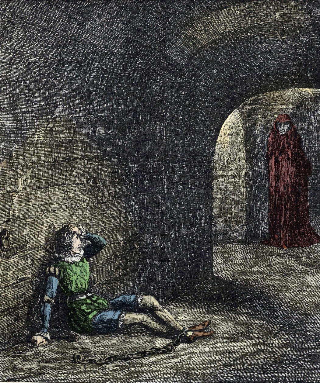 Tårnets spøgelse Fangelænker i et fangehul ser et spøgelse foran sig. Illustration til "" The tower of london"" af William Harrison Ainsworth fra det 19. århundrede af Unknown artist