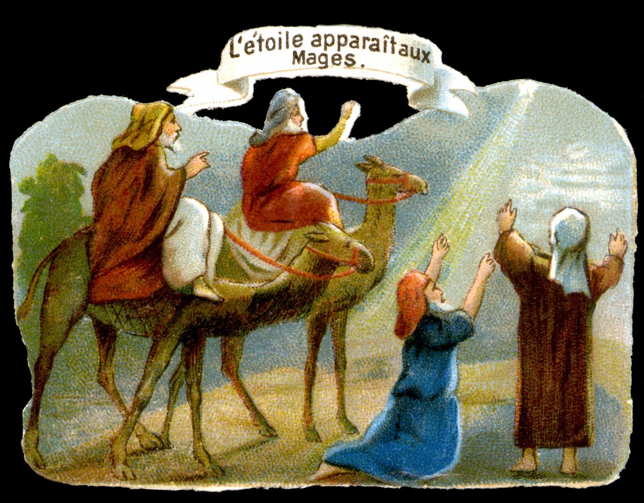 Stjernen viser sig for Magi for at guide dem til Kristus. 1800-tallets kromolitografi. af Unknown artist