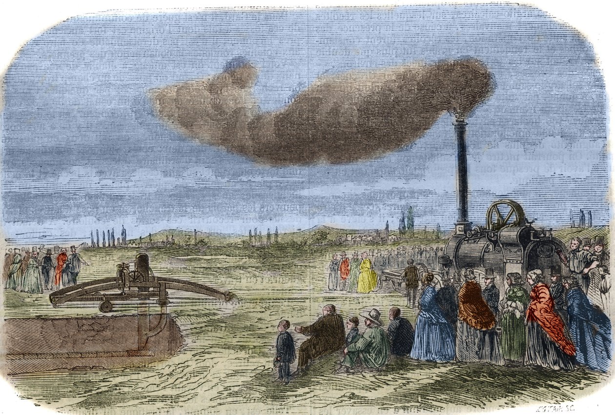 Dampafløbet opfundet af Albert Fry (1830? -1903) og John Fowler (1826-1864) under en mekanisk dræningsoperation nær Versailles. Indgravering fra 1856. i "" Videnskabsmuseet"" af Unknown artist