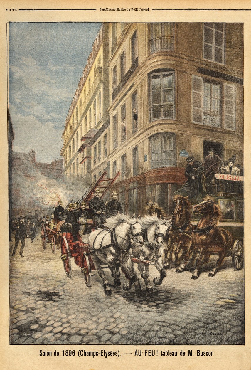 Damppumpen og køretøjerne fra brandmændene i Paris, ifølge et maleri af Mr. Busson. Indgravering i "" Le petit journal"" 3/05/1896. Selvas samling. af Unknown artist