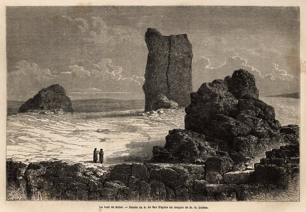 De butiksfacade ruiner af Birs Nimroud, som turistsamfundet i Bagdad (Irak) på det tidspunkt identificerer som Babels mytiske tårn. Engravure pour illustrrer le voyage dans la Babylon, en 1866, af Guillaume Lejean, i "Le tour du monde, nouveau j af Unknown artist