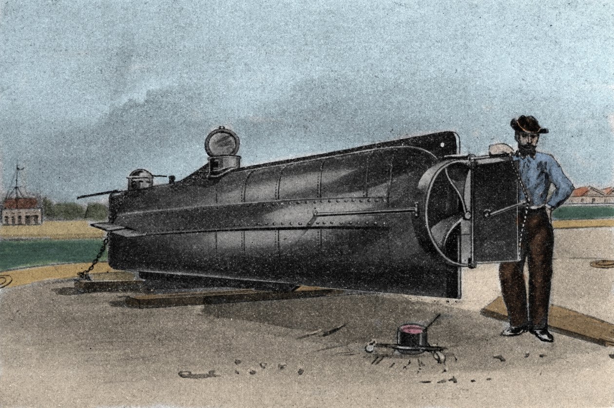 Ubåden (ubåden) CSS H. L. Hunley, der blev brugt af de konfødererede staters flåde under løsrivelseskrigen. 1861-1865 Stik af 1800-tallet af Unknown artist