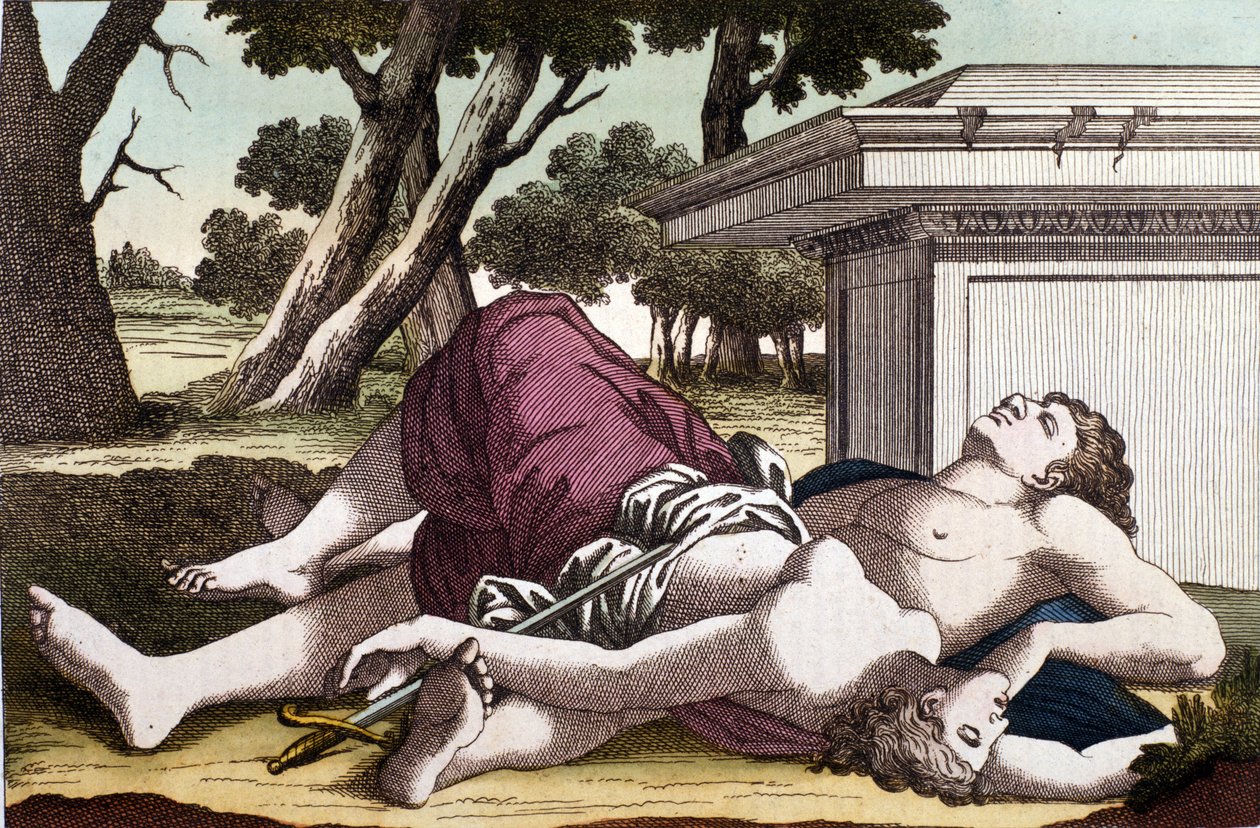 Pyramus (Pirames) selvmord under mureren og Thisbes død. Overbevist om, at løvinden havde fortæret Thisbe, gav Pyramus sig selv døden og dækkede de hvide skikke med sit blod. Thisbe, der gemmer sig for at undslippe løven, finder sin kærlighed død og selvmo af Unknown artist