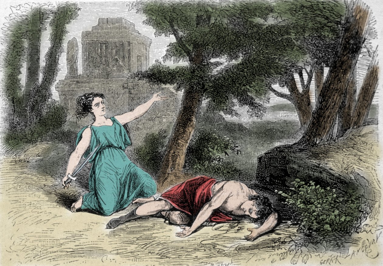Pyramus (Pirames) selvmord under mureren og Thisbes død. Overbevist om, at løvinden havde fortæret Thisbe, gav Pyramus sig selv døden og dækkede de hvide skikke med sit blod. Thisbe, der gemmer sig for at undslippe løven, finder sin kærlighed død og selvmo af Unknown artist