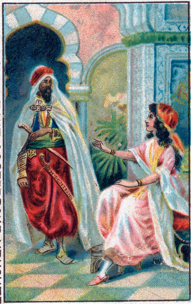 Sultanen og prinsessen. Fortælling "" Historien om den fortryllede hest"" i "De tusind og en nat" (de 1001 nætter eller Le mille e una notte, Arabian Nights). Kromolitografi i slutningen af ​​det 19. århundrede. af Unknown artist