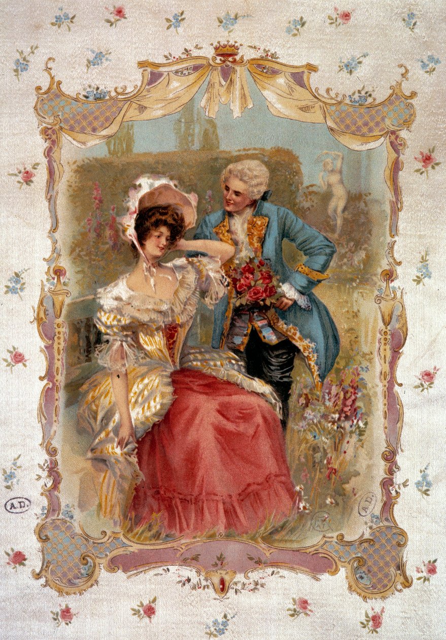 Den søde tilståelse En mand, der bejler til en kvinde i det 18. århundrede. Litografi af det 19. århundredes Paris, dekorativ kunst af Unknown artist