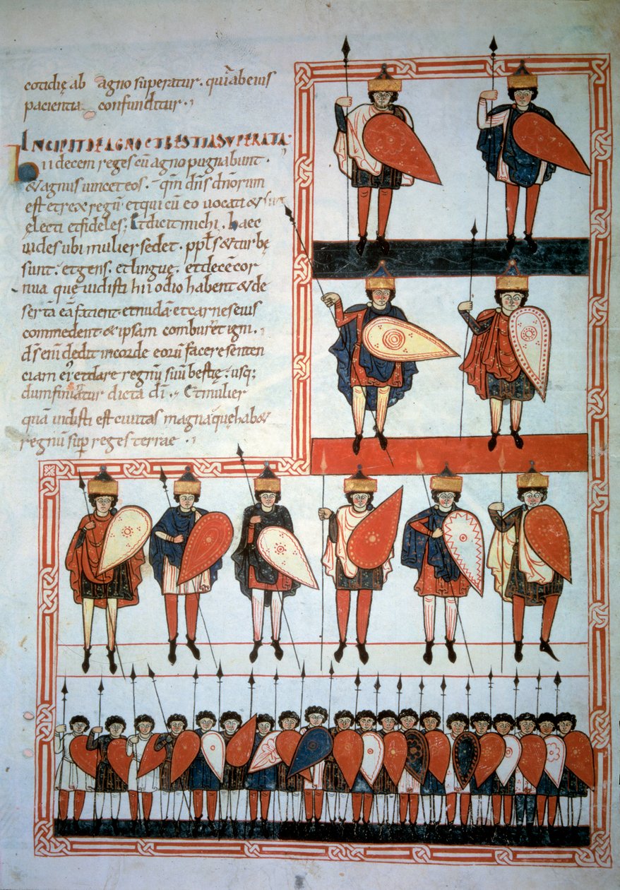 De ti konger af apokalypsen våben af spyd og skjolde med deres tropper. Miniature i "" Beatus de Liebana, Commentary on the Apocalypse"" (Folio 193), af Stephanus Garcia af Unknown artist