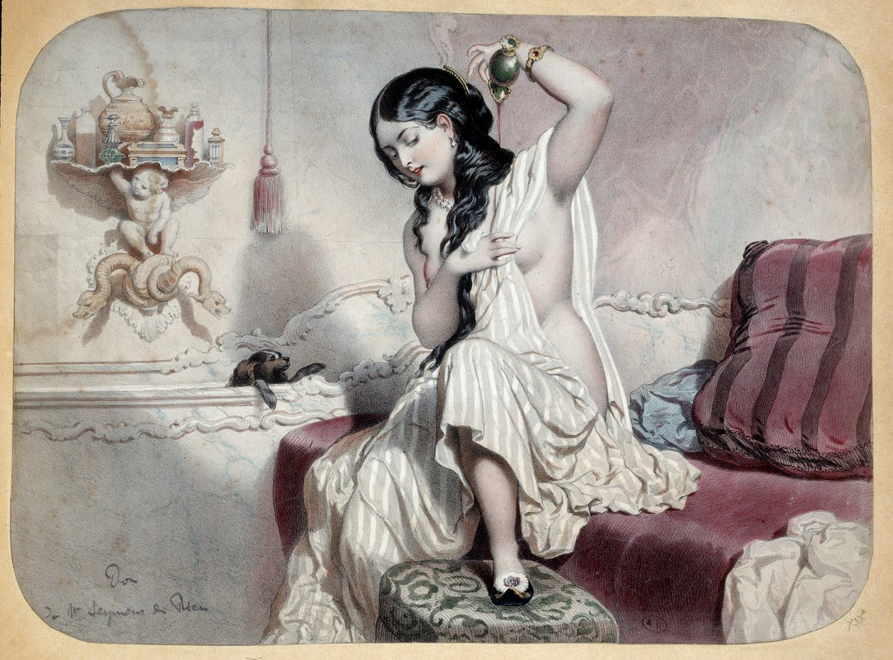 Toilettet. En kvinde på et badeværelse i nærheden af sit badekar er ved at tage et bad. Illustration af det 19. århundrede. Paris, dekorativ kunst af Unknown artist