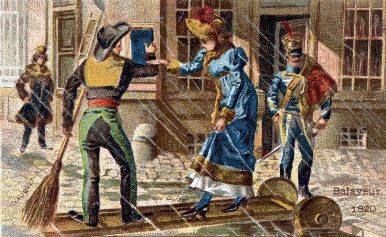 Fejemandsfaget i 1820: en fejemaskine, der hjælper en ung kvinde over en vandpyt. af Unknown artist