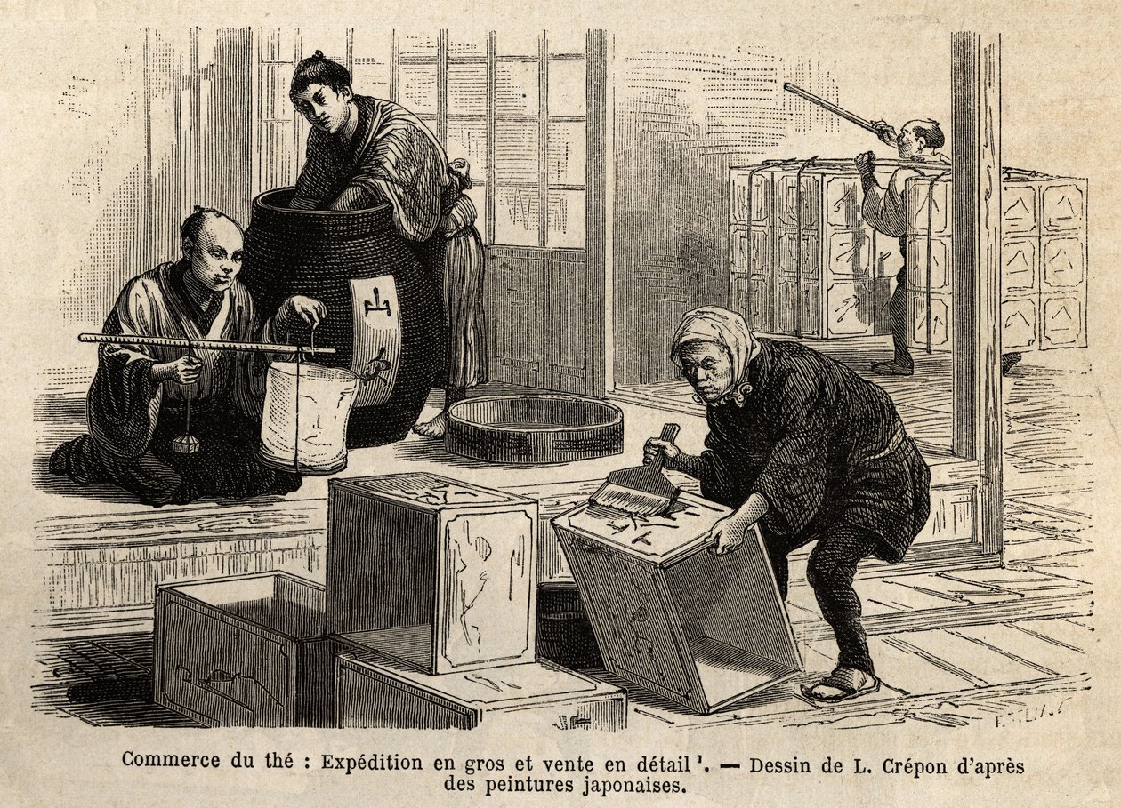Handelen med teen: engros- og detailforsendelse. Gravering til illustration af rejsen til Japan af Aime Humbert, minister for Det Schweiziske Forbund, i 1863-1864, udgivet i "" Le tour du monde""" 1869, redigeret af Edouard Charton, udgave Hachette, Par af Unknown artist