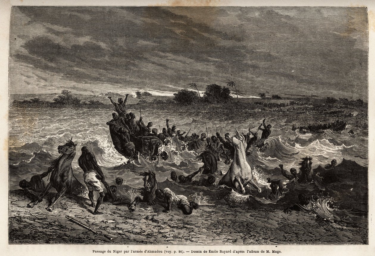 Transporten af kong Ahmadous hær på Niger-floden i regntiden forårsagede ham adskillige skibsvrag og mange tab af heste. Gravering til illustration af løjtnant (Flåden) M. Mages rejse til Vestsudan i 1863-1866, offentliggjort i "Le tour d af Unknown artist