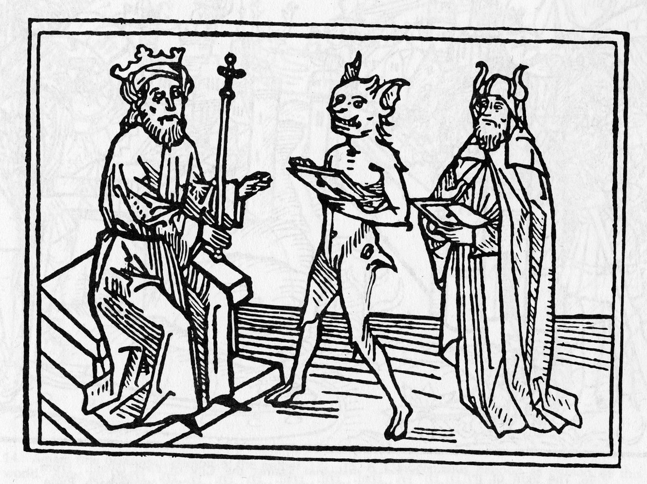 Retssagen mod Belial: "Demon Belial præsenterer sine akkreditiver til dommer Solomon" "Gravering fra "Retssagen mod Belial"" af Jacobus de Teramo (eller Palladino), Ausburg af Unknown artist