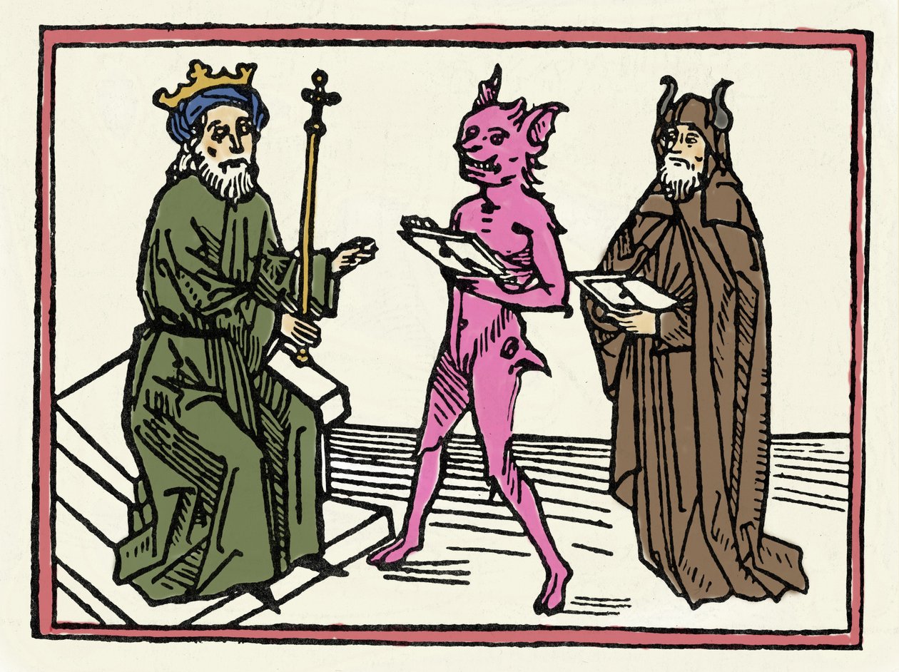 Retssagen mod Belial: "Demon Belial præsenterer sine akkreditiver til dommer Solomon" "Gravering fra "Retssagen mod Belial"" af Jacobus de Teramo (eller Palladino), Ausburg af Unknown artist