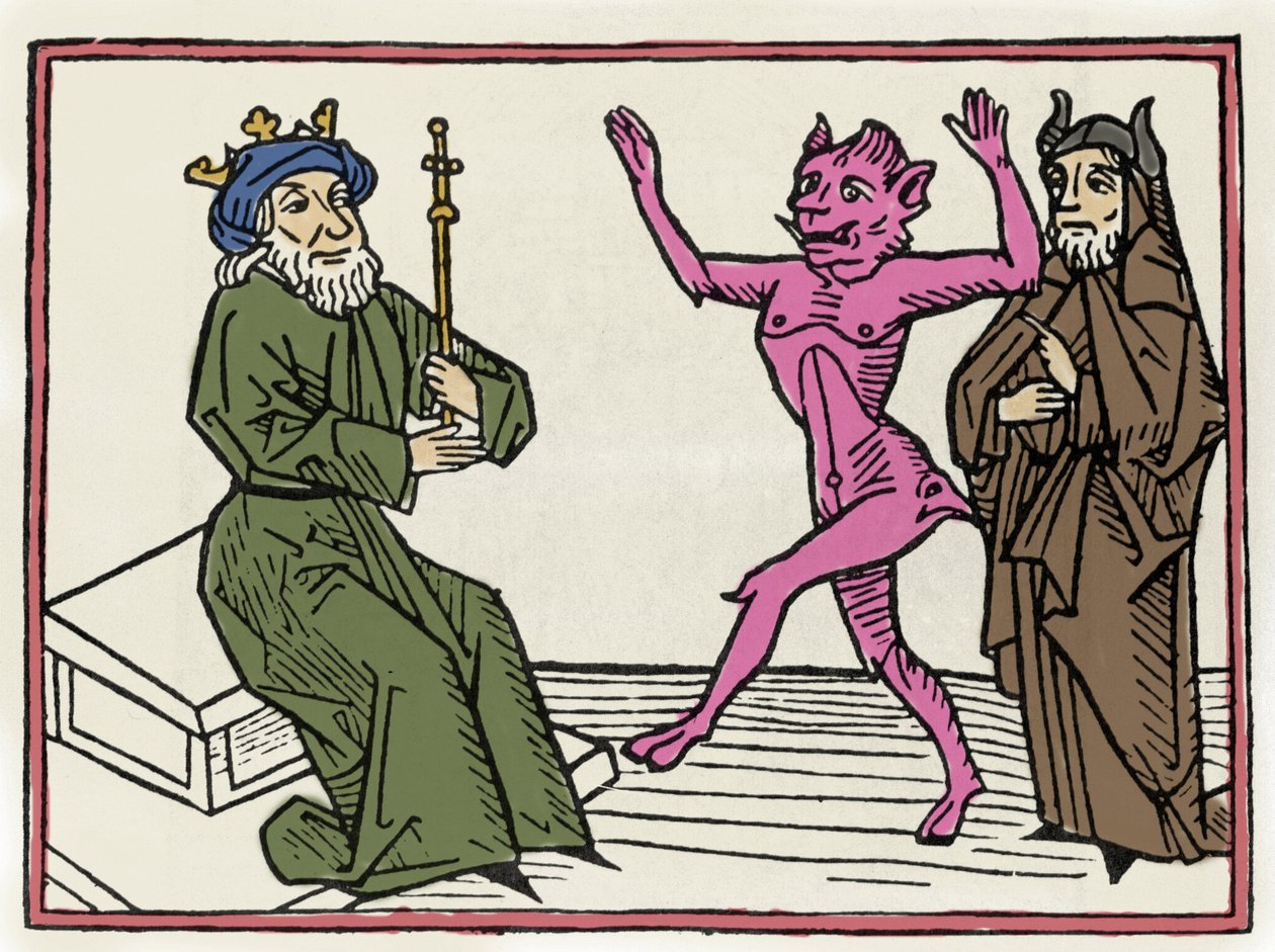 Retssagen mod Belial: "" Dæmonen Belial danser foran dommer Solomon""" Indgravering fra "Retssagen mod Belial"" af Jacobus de Teramo (eller Palladino), Ausburg af Unknown artist