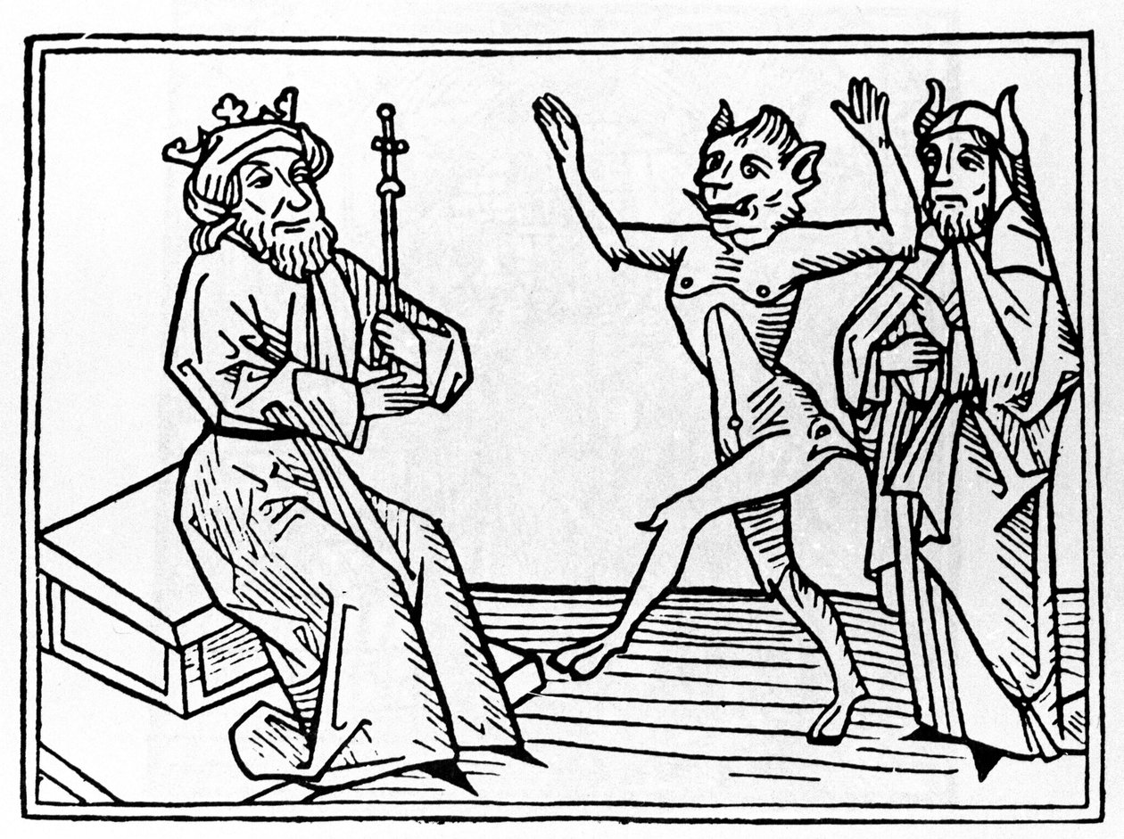 Retssagen mod Belial: "" Dæmonen Belial danser foran dommer Solomon""" Indgravering fra "Retssagen mod Belial"" af Jacobus de Teramo (eller Palladino), Ausburg af Unknown artist