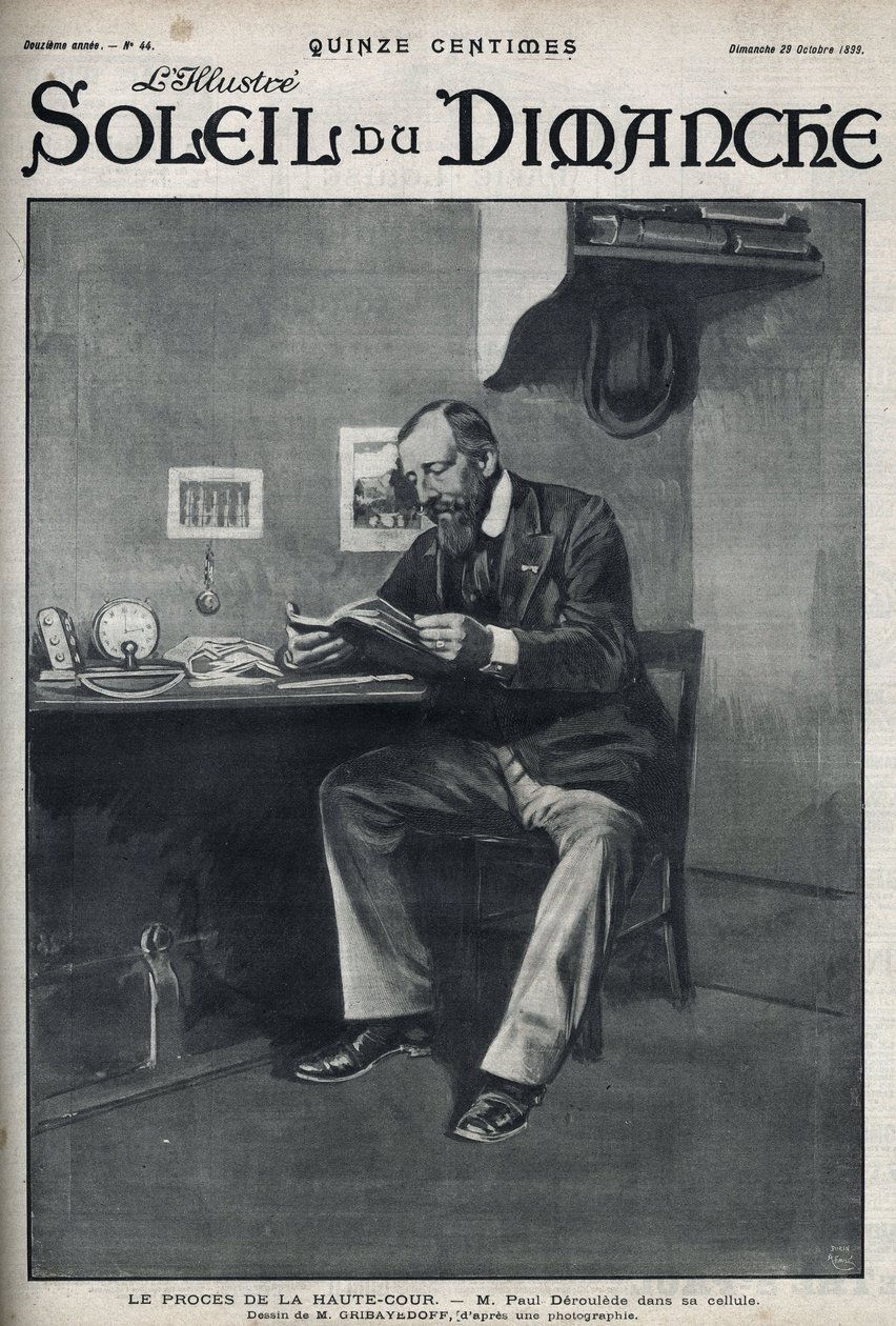 Retssagen mod High Court: Paul Deroulede (1846-1914), en fransk forfatter og nationalistisk aktivist, som er en vigtig aktør i anti-dreyfusisme, i sin celle efter sit statskupsforsøg den 23. februar. Indgravering i "" Le sun-du-dimanche"", 29. oktober af Unknown artist