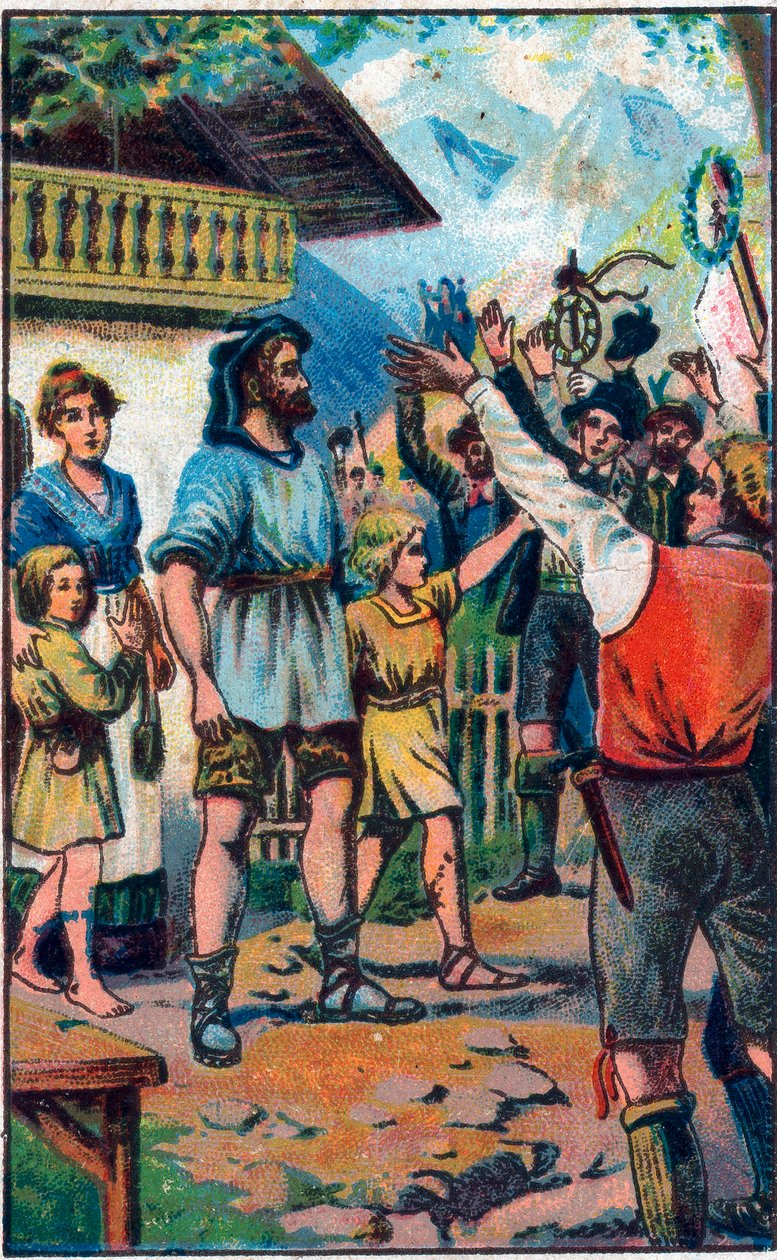 Hyldesten af konføderen til Guillaume Tell (William Tell) (legendariske helte fra schweizisk uafhængighed) Kromolitografi fra slutningen af det 19. århundrede. af Unknown artist