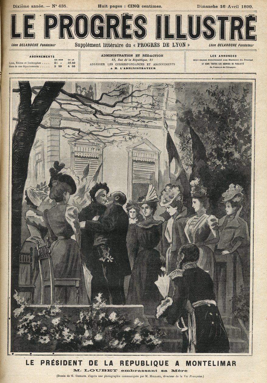 Republikkens præsidents rejse til Montelimar (Drome, Frankrig): Emile Loubet (1838-1929) og hans mor. Indgravering i "The illustrious progress"" fra april 1899. af Unknown artist