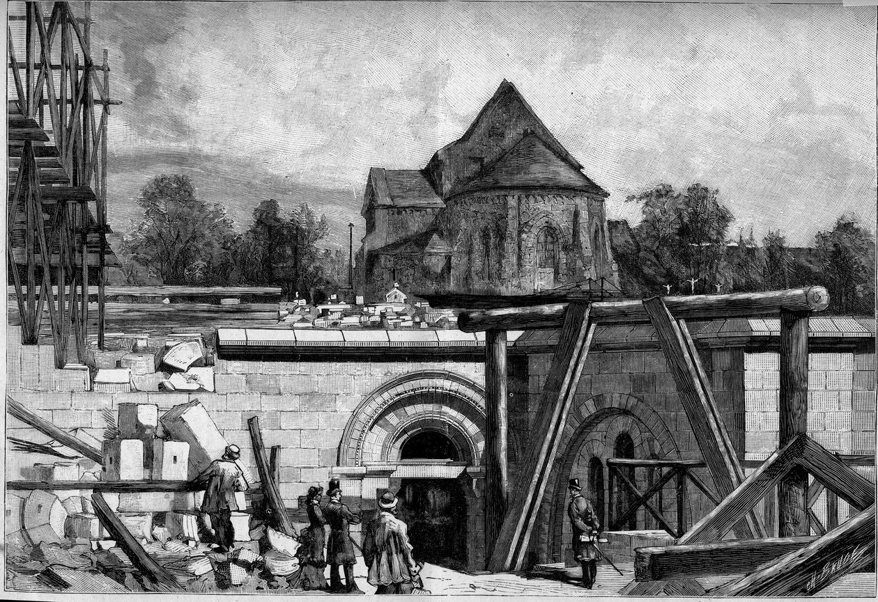 De underjordiske konstruktioner af Sacre Coeur-kirken i Montmartre: den gamle kirke. Indgravering i "" Le Monde Illustré"" nr. 1300 af 25. februar af Unknown artist