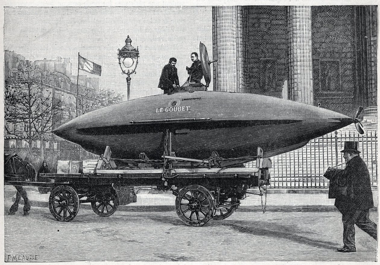 Undervandsbåden (ubåden) "" Le Goubet"", transporterer til eksperimenter, passerer Place de la Madeleine i Paris. Indgravering i ""La Nature"" af Unknown artist