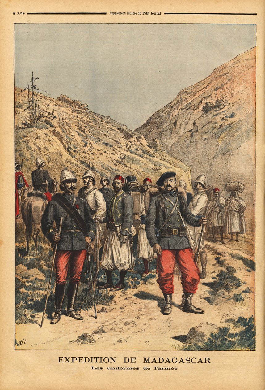 Hærens uniformer, et kampagnedragt til ekspeditionen fra Madagaskar. Indgravering i "" Le petit journal"" 21/04/1895. Selvas samling. af Unknown artist
