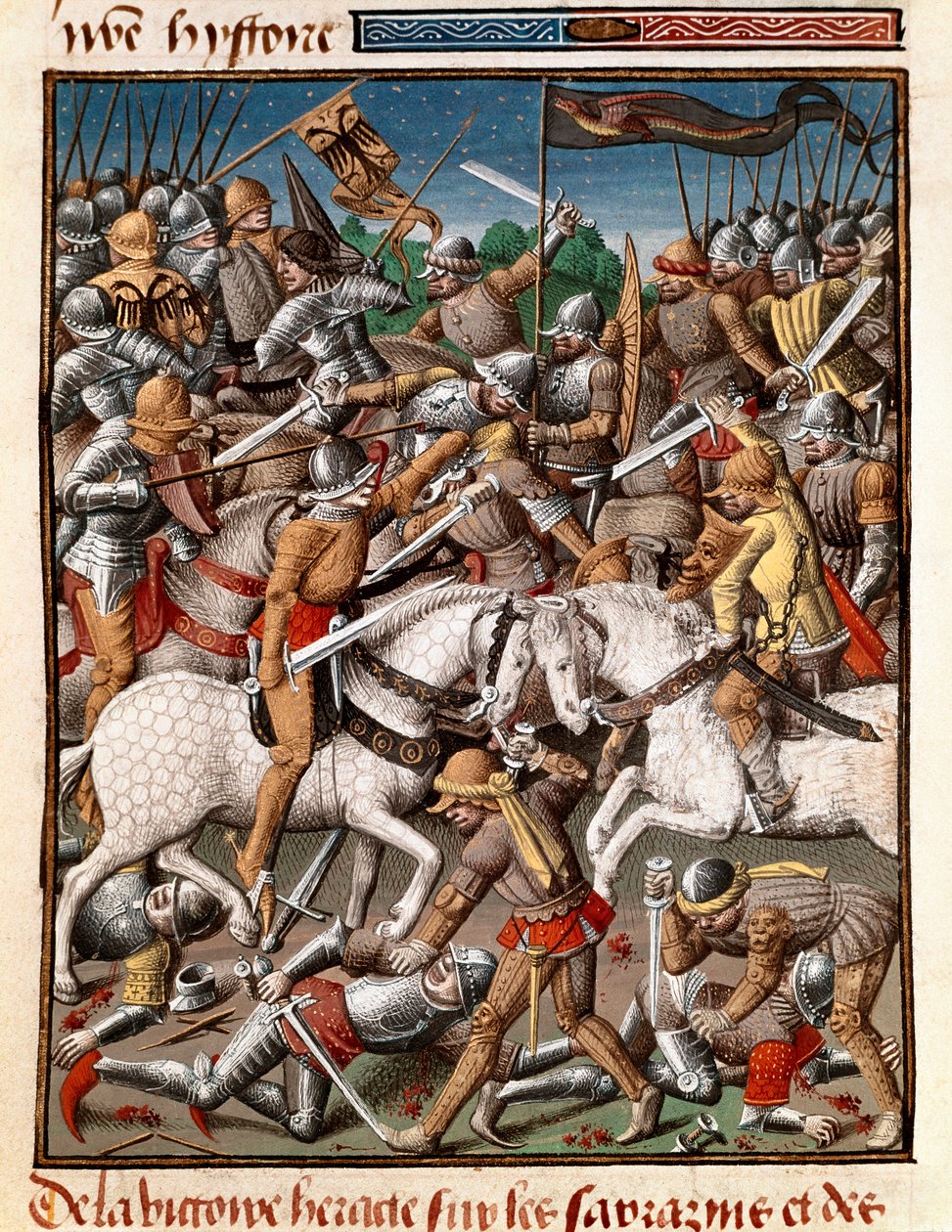 Den byzantinske kejser Heraclius (Herakleios (ca. 575-641) sejr over sarrazins Miniature i "" Le miroir historial"" (Speculum Historiale) (ms. 1196 fol. 65 v.) af Vincent de Beauvais (1190-1264) oversat til fransk af Jean de Vignay af Unknown artist