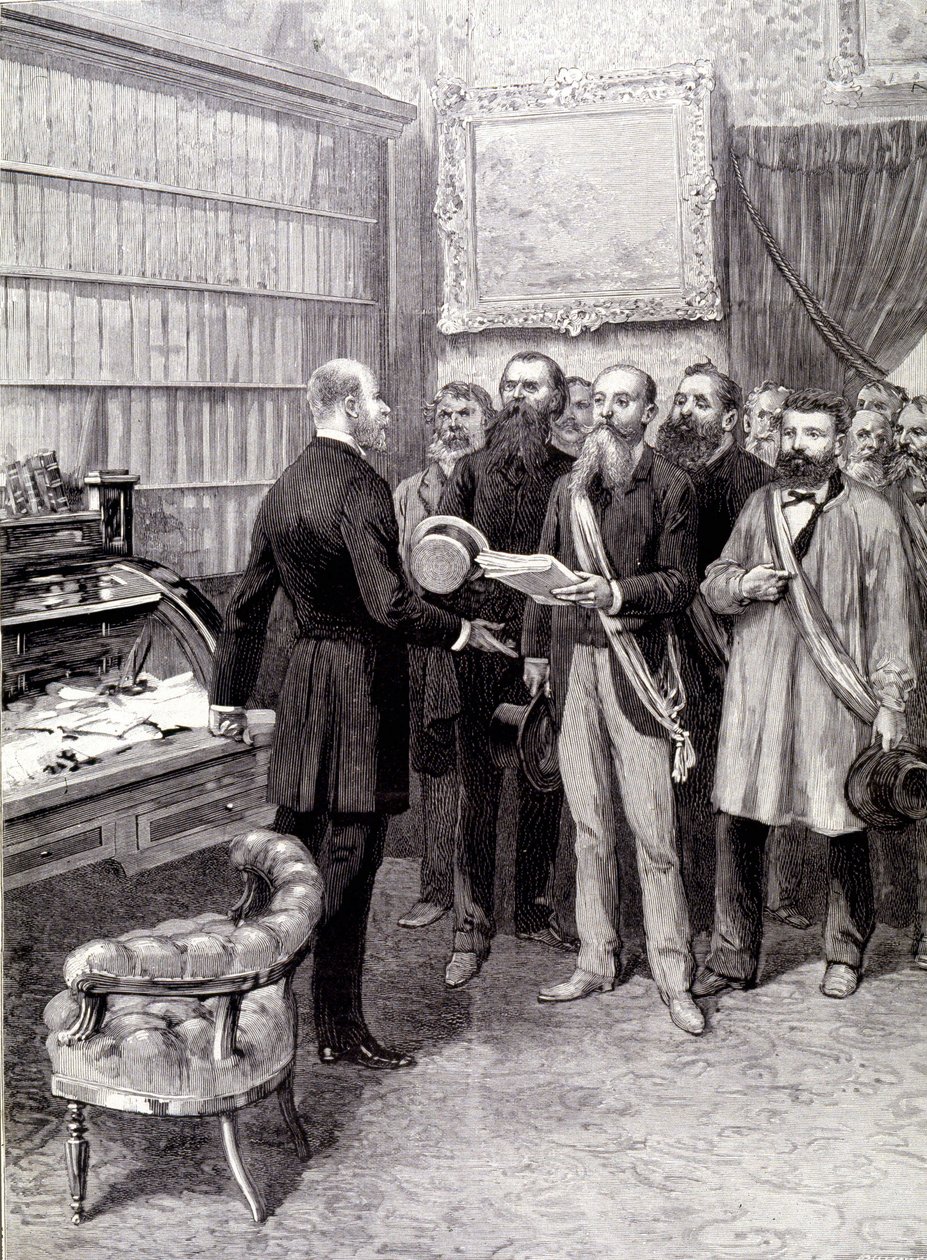 Arbejdernes delegeredes besøg i Palais Bourbon (Jules Guesde, hr. Ferroul, hr. Baudin og hr. Thivrier) hos formandskabets generalsekretær: hr. Martin, under demonstrationen den 1. maj af Unknown artist