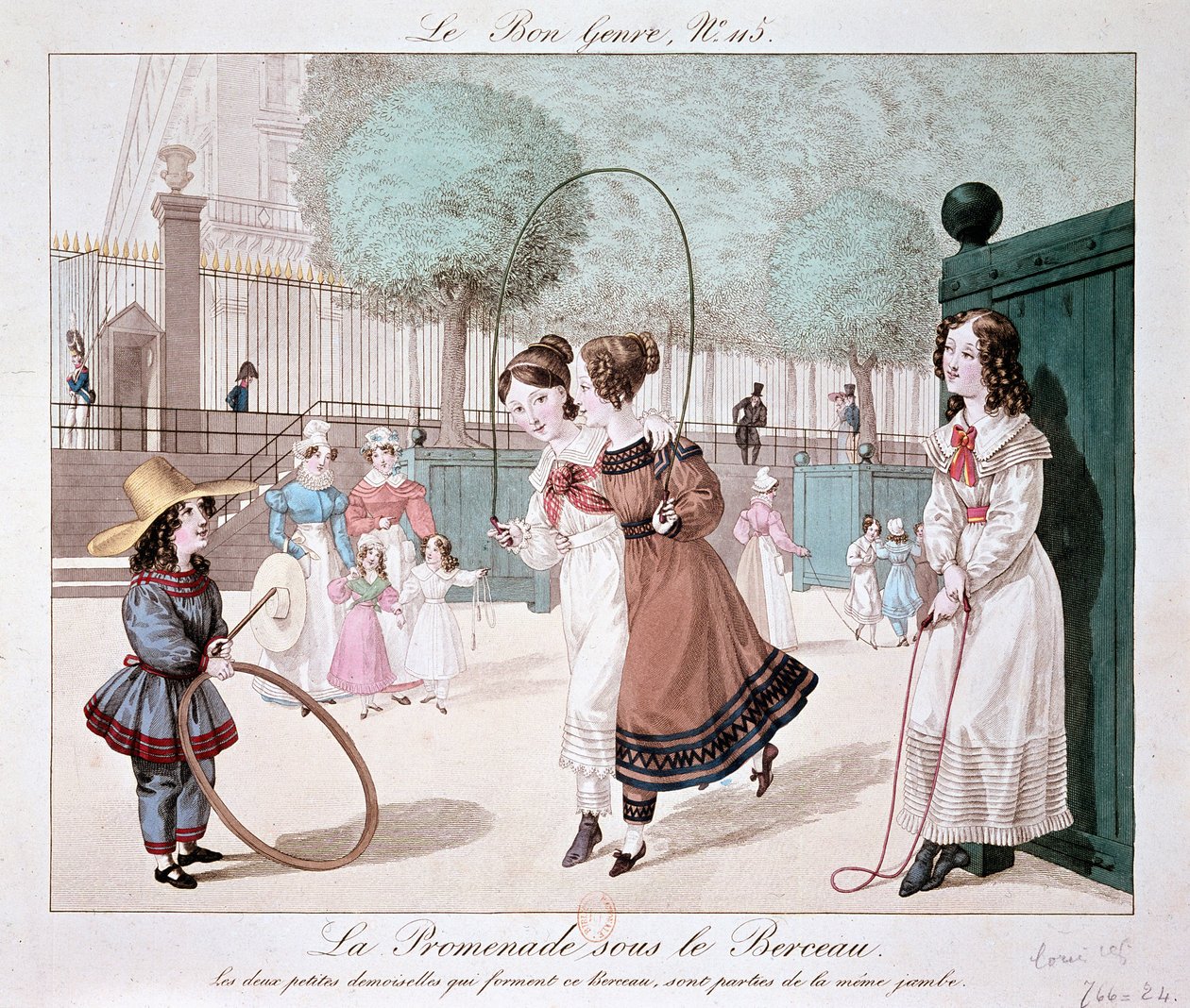 Gåturen under vuggen: De to små damer, der danner denne vugge, er fra samme ben (Jardin des Tuileries), ca. 1840 af Unknown artist