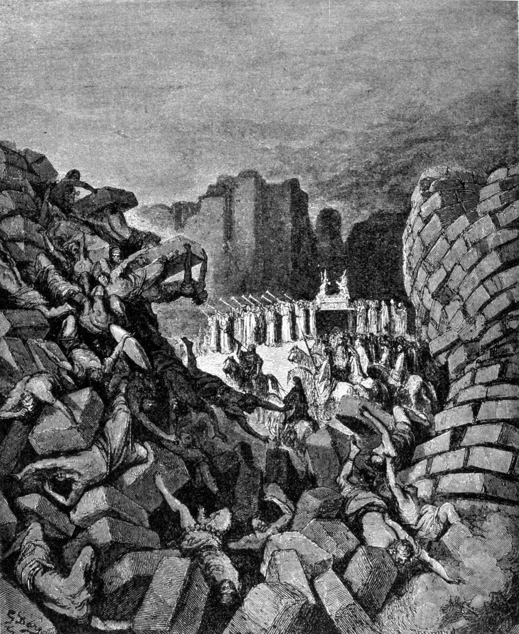 Jerikos mure kollapsede til lyden af Hoseas trompeter, hvilket gjorde det muligt for hebræerne at gribe dem. Josvas Bog. Indgravering af det 19. århundrede. af Unknown artist