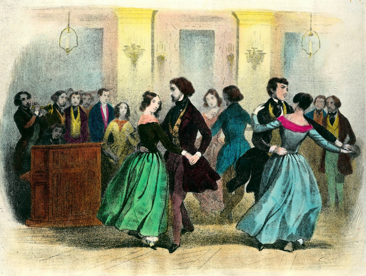 Valsen: en bold i middelklassen. 1800-tallets litografi. af Unknown artist