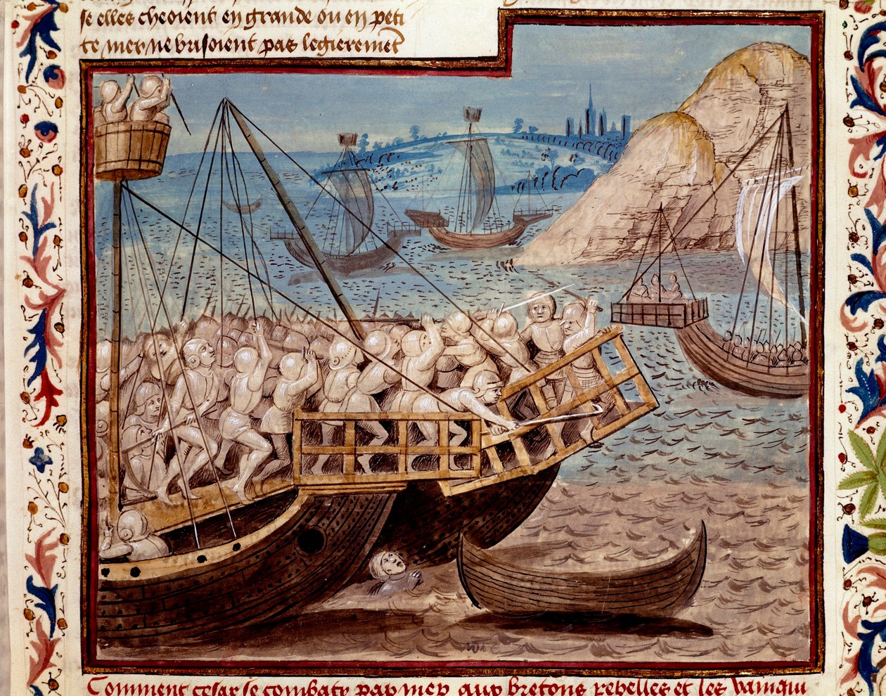 Gallernes krig: "" Barkningen af Jules Cesars tropper og sejren over bretonerne""" Miniature taget fra "" The Facts of the Romans"" (eller Li Fet of the Romans), kompileret sammen af Saluste og Suetoine og Lucan. 1480 (ms. 1055, fol. 54 af Unknown artist