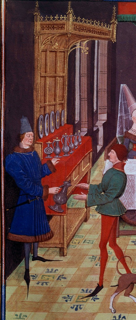 Bryllupsbanketten for Clarisse, datter af kong Yvon af Gascogne og Renaud. Detail repræsenterer tjenerne, der bringer vin. Miniature fra manuskriptet "Renaud de Montauban" eller "Les quatre fils Aymon" af Loyset Liedet (aktivt mellem 1448 og 1478). Frk. af Unknown artist