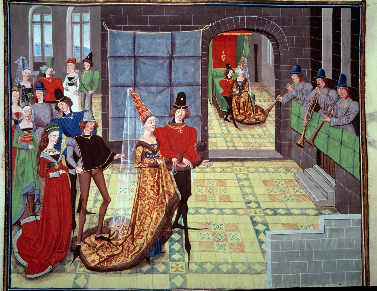 Renaud og Clarisses bryllup i baggrunden på bryllupsnatten. Miniature fra manuskriptet "Renaud de Montauban" eller "Les quatre fils Aymon" af Loyset Liedet (aktivt mellem 1448 og 1478). Ms. 5073. Bibliotheque de l