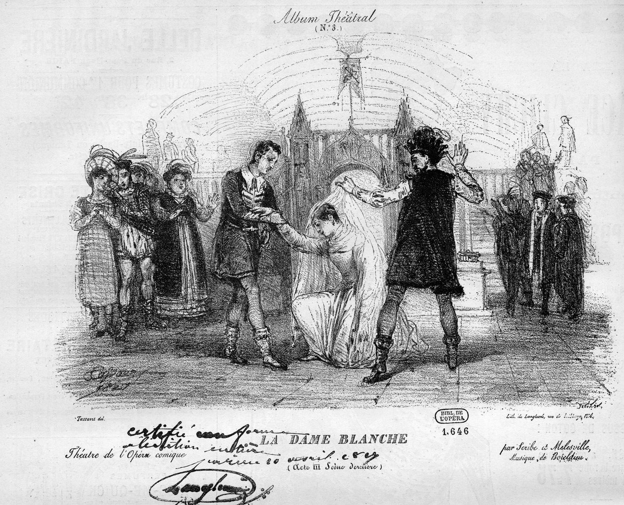 Den hvide dame i de originale kostumer fra 1825. Opera i tre akter af Francois Adrien Boieldieu (1775-1834). Gravering i "" Le Monde Illustré"" af Unknown artist