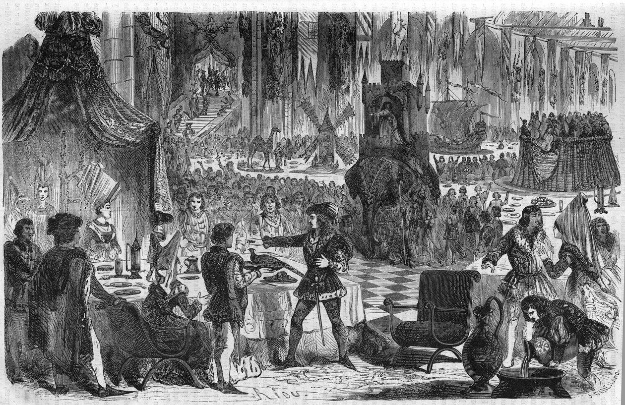 Fasanens ønske. Philip III Le Bon, hertug af Bourgogne (1396-1467) sluttede sig til kejseren af Konstantinopel den 17. februar 1454 til en banket på hotellet i Salle de Lille. Indgravering af det 19. århundrede. af Unknown artist
