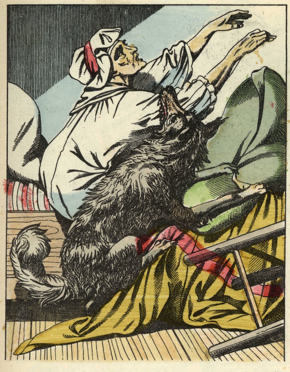 Ulven slår bedstemoren til Rødhætte. Illustration af fortællingen "Den Lille Rødhætte" af Charles Perrault af Unknown artist