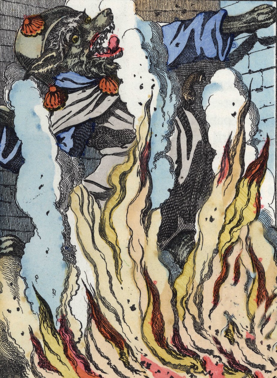 Ulven falder i skorstenens ild. Illustration af fortællingen "Compere le Loup, Maitre Renard, Comere la Chevre et ses petits biquets"" efter en fabel af Jean de la Fontaine. I “”Fortællinger fra hjemmet for de mindste””. Anonym gravering af th af Unknown artist