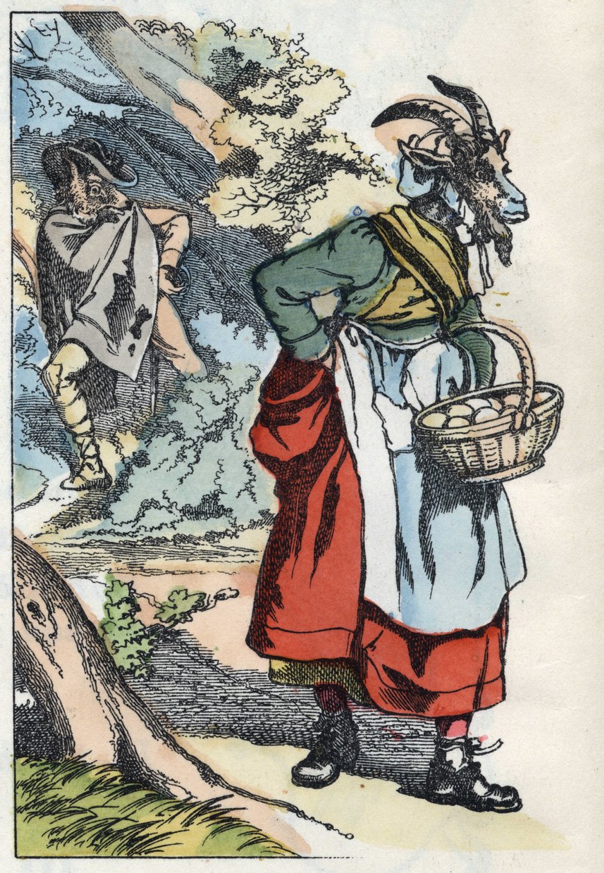 Ulven leder efter geden, der forlader sit hjem. Illustration af fortællingen "Compere le Loup, Maitre Renard, Comere la Chevre et ses petits biquets"" efter en fabel af Jean de la Fontaine. I “”Fortællinger fra hjemmet for de mindste””. Anonym gravering af Unknown artist