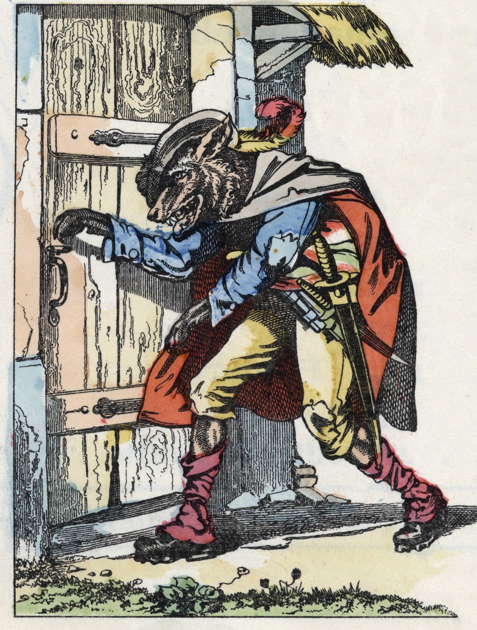 Ulven banker på døren til bikethuset. Illustration af fortællingen "Compere le Loup, Maitre Renard, Comere la Chevre et ses petits biquets"" efter en fabel af Jean de la Fontaine. I “”Fortællinger fra hjemmet for de mindste””. Anonym gravering o af Unknown artist