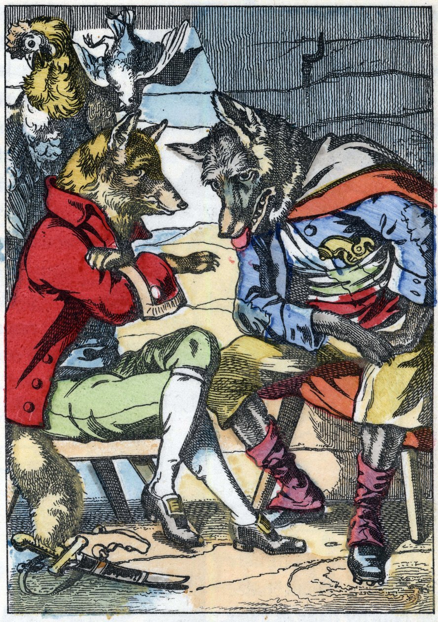 Ulven møder ræven igen. Illustration af fortællingen "Compere le Loup, Maitre Renard, Comere la Chevre et ses petits biquets"" efter en fabel af Jean de la Fontaine. I “”Fortællinger fra hjemmet for de mindste””. Anonym gravering af det 19. århundrede. af Unknown artist