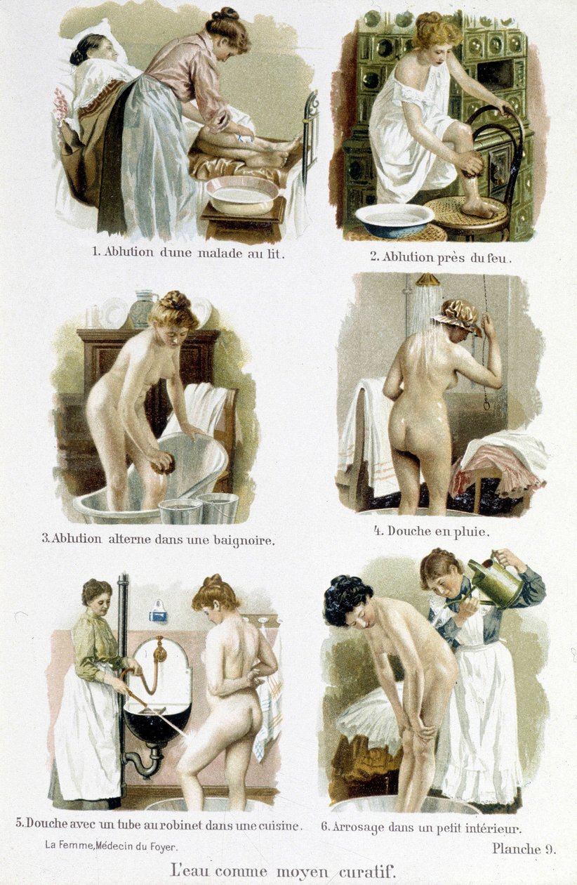 Kvinden, hjemmelæge: vand som helbredende middel. 1. Aluering af en syg person i sengen, 2. Alution ved brand, 3. Alution skiftevis i et badekar, 4. Regnbruser, 5. Bruser med et vandhanerør af et køkken, 6. Vanding i et lille interiør - i “ Kvinden, hjemme af Unknown artist