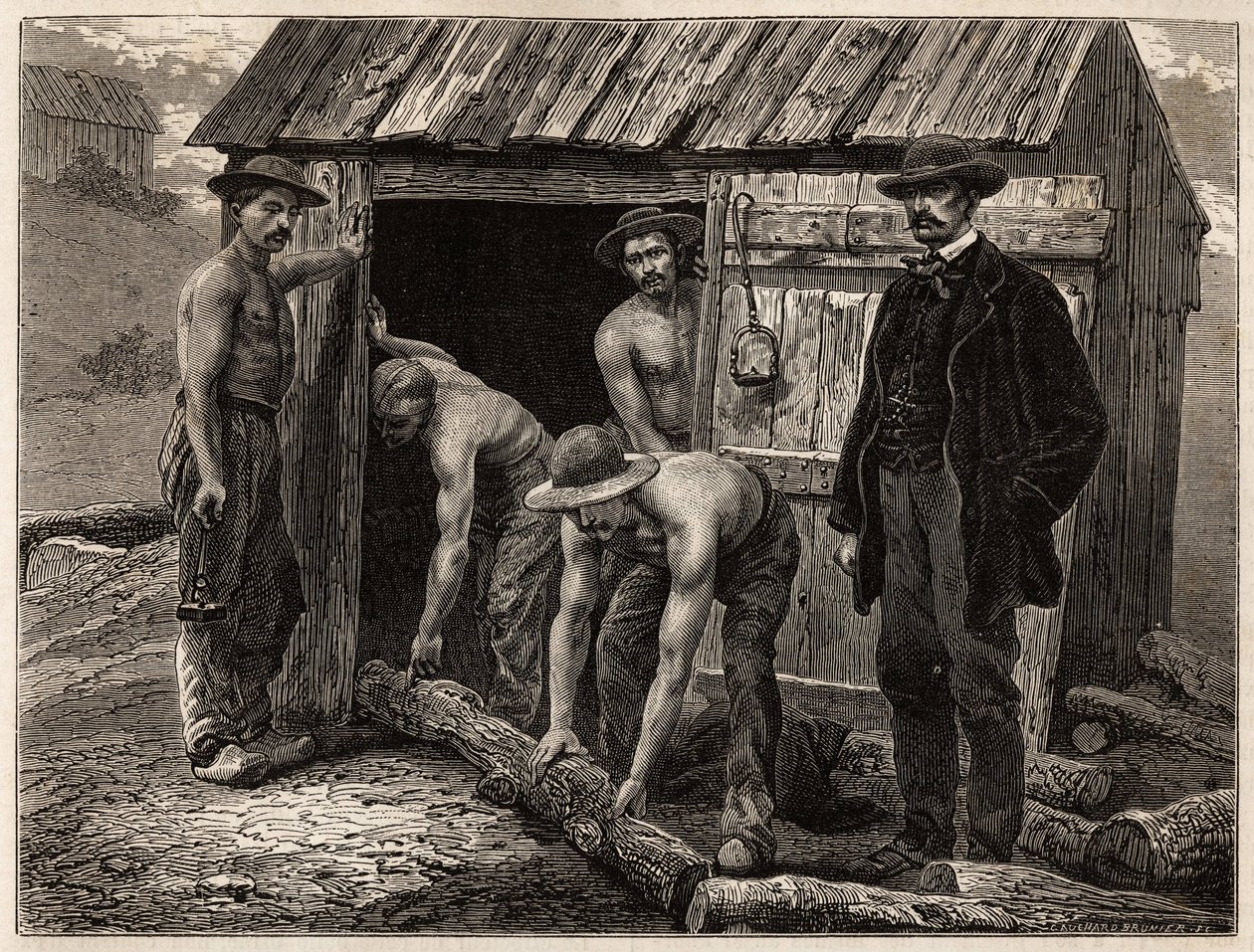 Træarbejderne i Montchanin-minen, kastede dem i brønden skrånende; i kostume overvåger minens maskinchef manøvrerne. Gravering til illustration af en rejse til Creusot og minerne i Saone og Loire, i 1865, af L. Simonin, i "" Le af Unknown artist