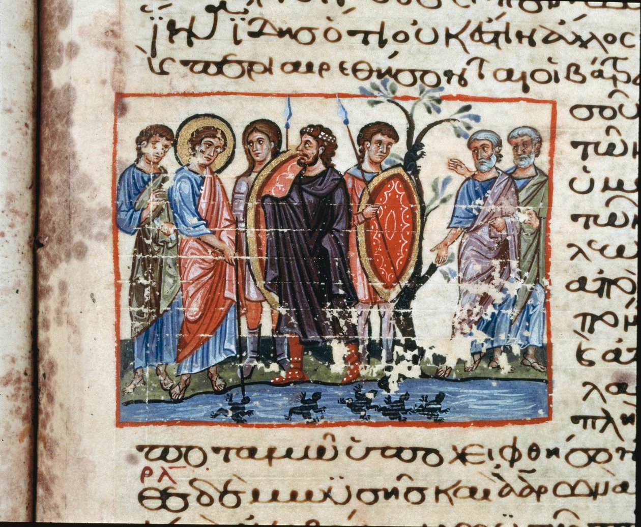 The Wounds of Egypt: The Invasion of the Frogs Miniature fra "" Codex of the Octateuch of Serail"" (ms.8 eller Seraglio Octateuch) 12. århundrede Topkapi Sarayi Museum Library Istanbul af Unknown artist