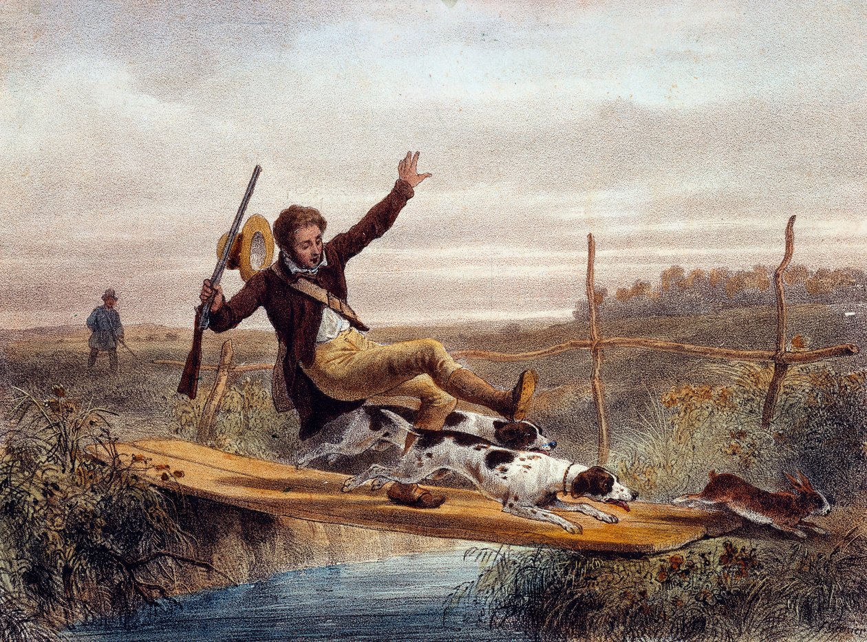 Det forkerte skridt. En jæger falder fra en lille bro, skubbes af hunde, der løber en hare. Indgravering af det 19. århundrede. Gien, Jagtmuseet af Unknown artist