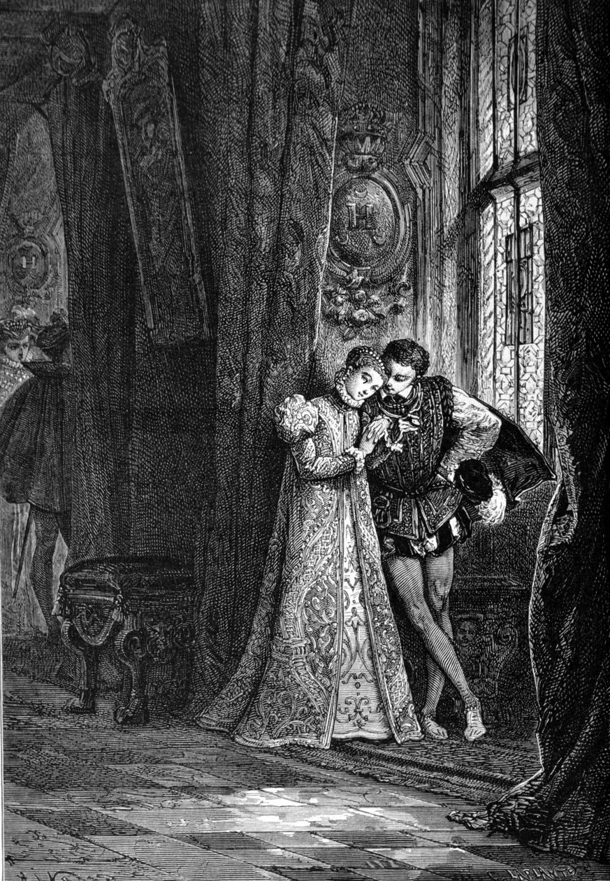 De unge forlovere Marie Iere Stuart (1542 - 1587) og Francois II (1544 - 1560) satte sig gerne til side for at skabe tillid. Indgravering af det 19. århundrede. af Unknown artist