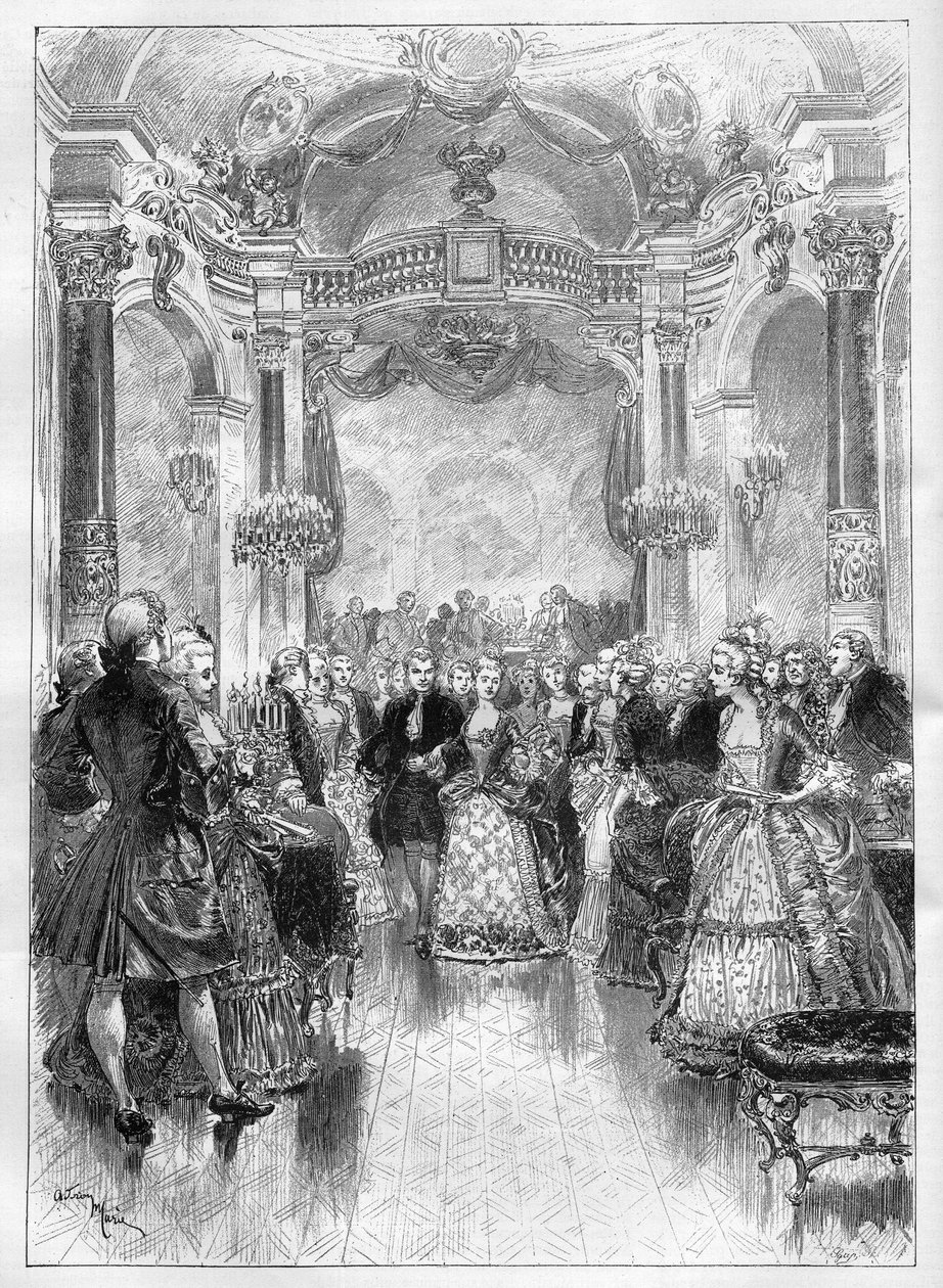 Teater: “” Manon””, tegneserieopera af Henri (Henry) Meilhac (1831-1897) og Philippe Gille (1831-1901) på en musik af Jules Massenet (1842-1912) repræsenteret på Opera Comique. Indgravering i ""The Illustrated World"" af Unknown artist