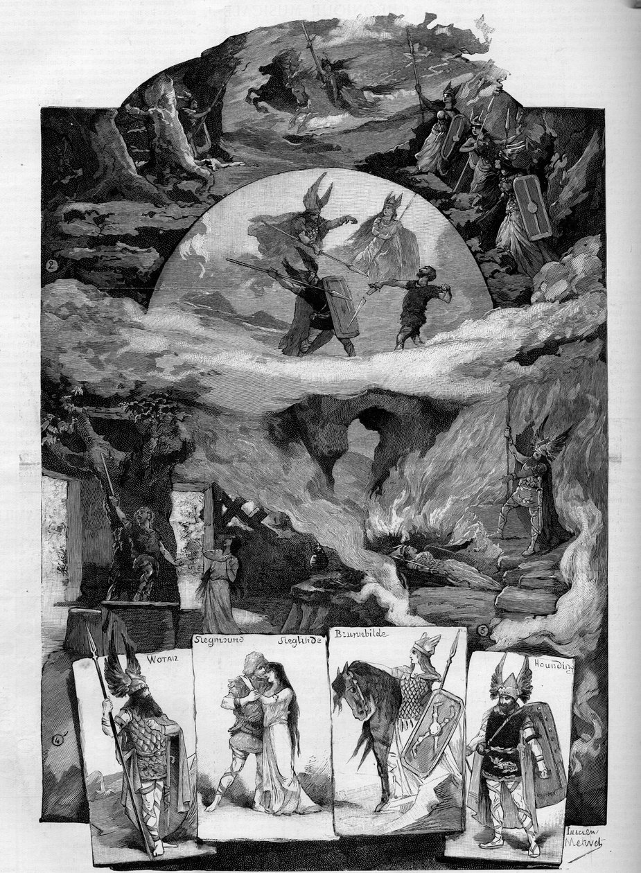 Teaterstykket "" Die Walkure"" (Valkyrien), drama af Richard Wagner (1813-1883) repræsenterer på Théâtre de la Monnaie i Bruxelles. Indgravering i ""The illustrious world"" af Unknown artist