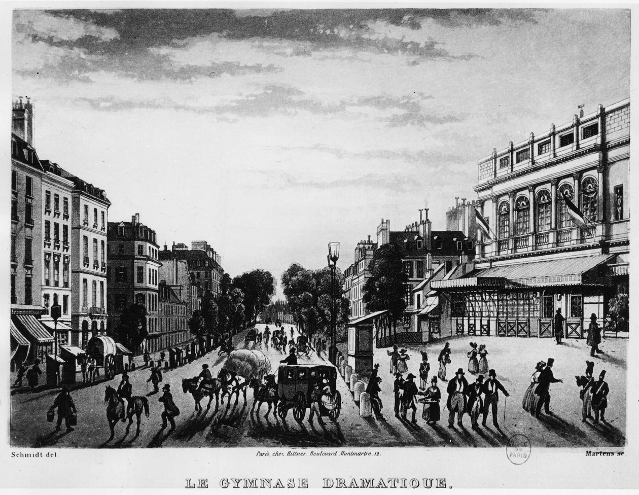 Teater: Det Dramatiske Gymnasium Boulevard Bonne Nouvelle - gravering af Unknown artist