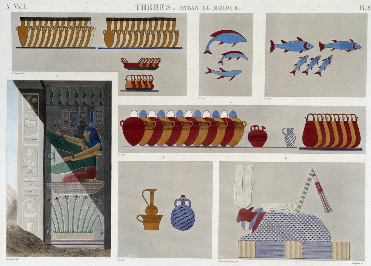 Theben: Bybân el Molouk. pl 87: Malerier af 5. kongegrav mod øst, 7. basrelief fra indgangen til samme grav i "" Egyptian Antiquites"", sd. 19. århundrede af Unknown artist